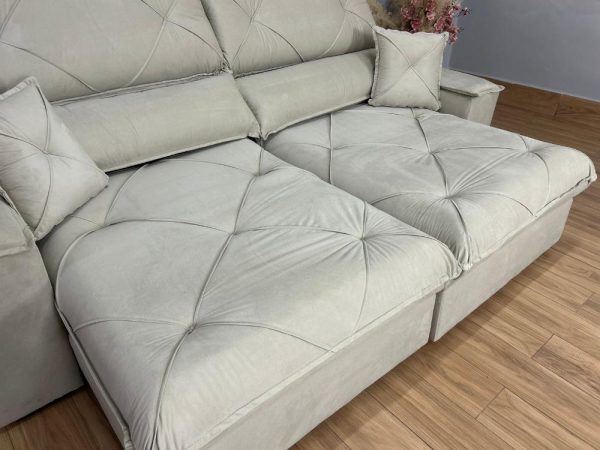 Sofá Cama Retrátil Reclinável Gabriela 2,30m - Cinza Linho/Marrom Courino - Imagem 9