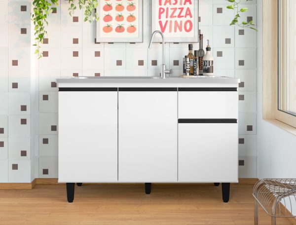 Balcão de Cozinha Canadá + Pia de Aço Tramontina Com Cuba e Válvula 1.20m - Branco