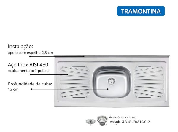 Alternative view of Pia de Aço Inox Com Válvula Tramontina - 1.20x0.52x0.11m