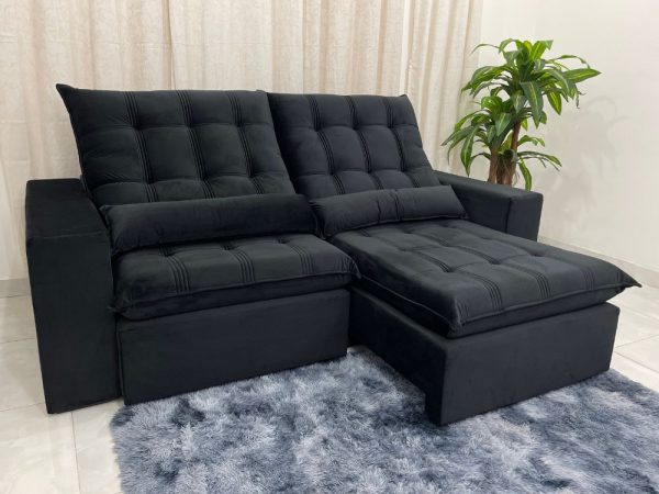 Sofá Retrátil Reclinável Porto Seguro 2.30m - Preto Veludo - Imagem 6