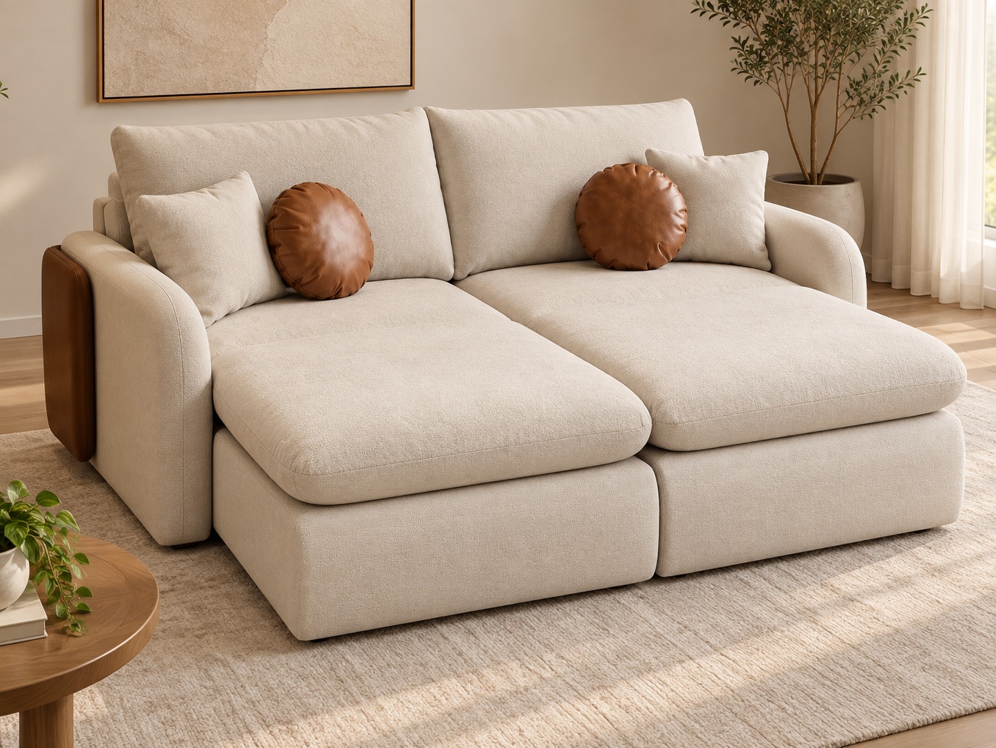 Sofá Cama Retrátil Reclinável Laviê 2,10m - Bege Linho/Marrom Courino